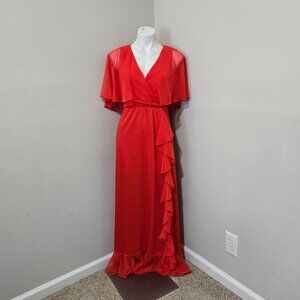 (Fits ~4) 70s Vintage Tomato Red Surplice-Style Gown Dress with Chiffon Capelet